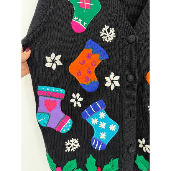 Vintage Victoria Jones Christmas Sweater Size M Black Embroidered Candy Canes - Picture 3 of 10